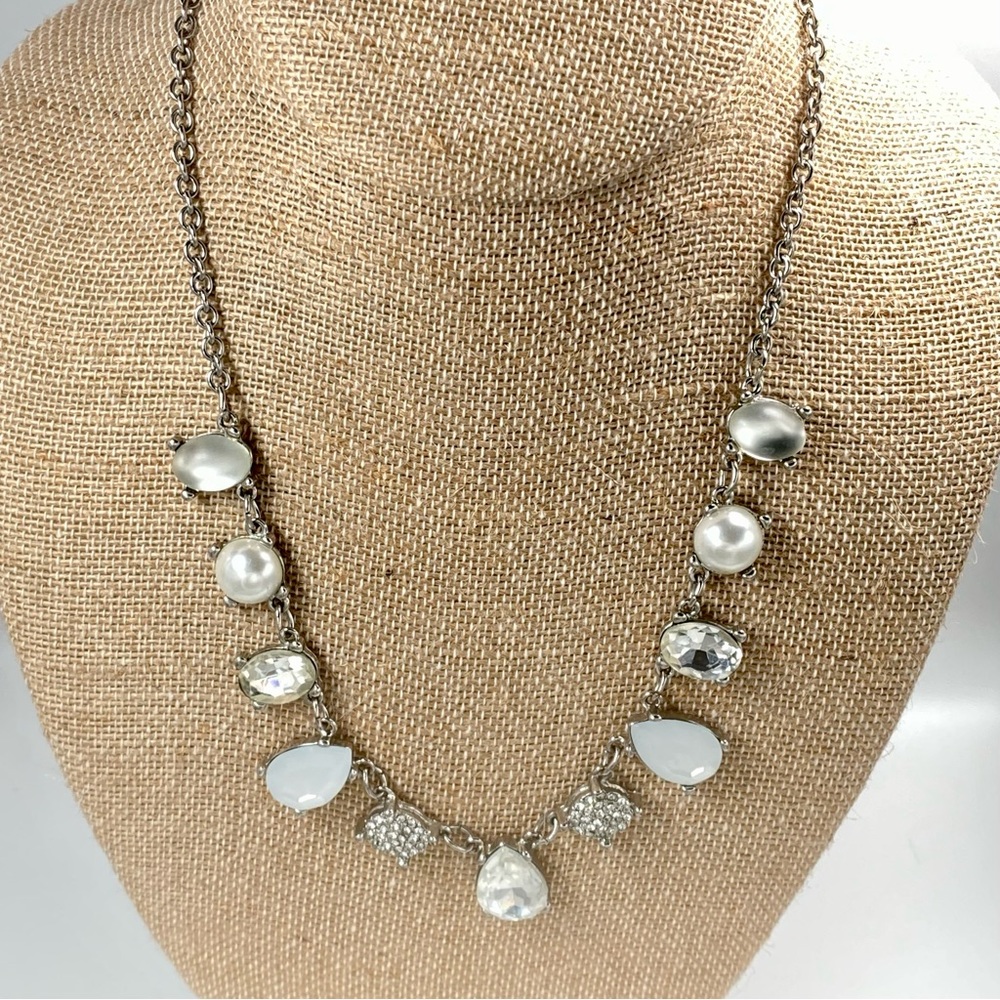 Statement Necklace, Faux Pearls, Rhinestones, Silver Tone, 20” L